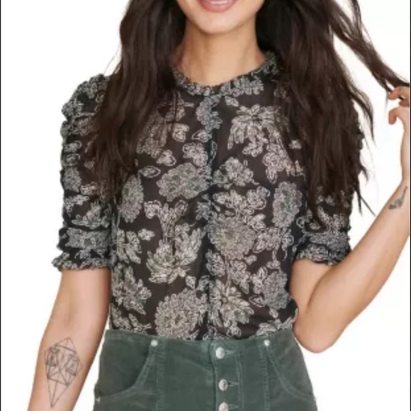 Veronica Beard Tops - Veronica Beard Natuka black green sheer floral print ruffle trim blouse size 4